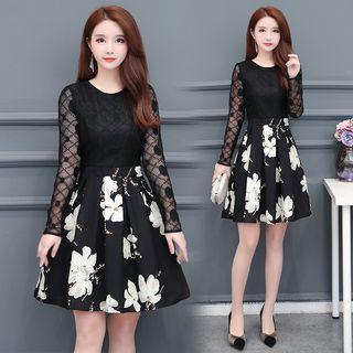 Mock Two-piece Long-sleeve Mini Floral Dress