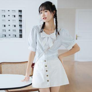 Puff-sleeve Ribbon Plaid Blouse Plaid - Light Blue - One Size