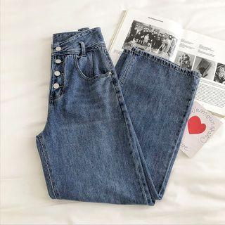 Plain High-waist Single-breasted Jeans