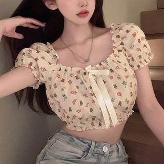 Puff-sleeve Floral Cropped Blouse Floral - Beige - One Size