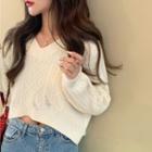 Distressed V-neck Cropped Cable Knit Top