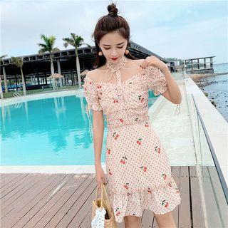 Set: Short-sleeve Dotted Cherry Print A-line Dress + Choker
