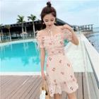 Set: Short-sleeve Dotted Cherry Print A-line Dress + Choker