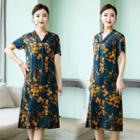 Short-sleeve V-neck Tassel Printed Midi Shift Dress