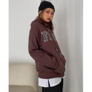 Printed Hooded Loose Jacket Coffee - One Size