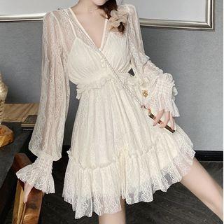 Long-sleeve V-neck Frill Trim Lace Dress Almond - One Size