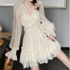 Long-sleeve V-neck Frill Trim Lace Dress Almond - One Size