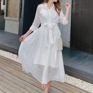 Set: Short-sleeve Midi Shirtdress + Spaghetti Strap Dress