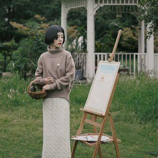 Flower Detail Turtleneck Sweater Camel - One Size