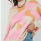 Long Sleeve Pattern Print Loose-fit Sweater Pink - One Size