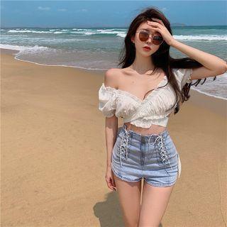 Puff-sleeve Off-shoulder Cropped Blouse / High-waist Denim Shorts