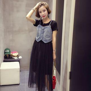 Set: Mesh Panel Short-sleeve T-shirt Dress + Denim Camisole Top