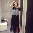 Set: Mesh Panel Short-sleeve T-shirt Dress + Denim Camisole Top
