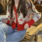 V-neck Cherry Pattern Long-sleeve Cardigan Beige - One Size