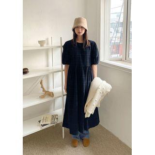 Puff-sleeve Long Corduroy Dress Navy Blue - One Size