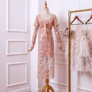 Long-sleeve Sequined Midi Dress