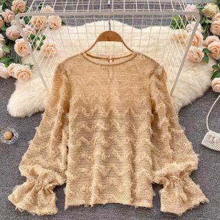 Round-neck Lace Cutout Puff-sleeve Top