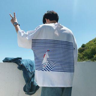3/4-sleeve Striped Panel Oversized T-shirt