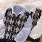Long-sleeve Shirt / V-neck Argyle Knit Vest