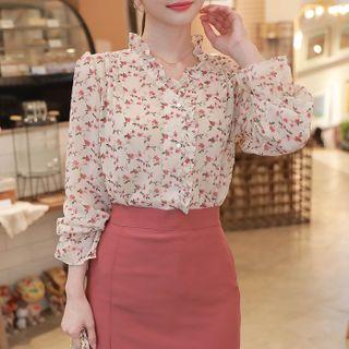 Frilled-trim Bell-cuff Floral Blouse