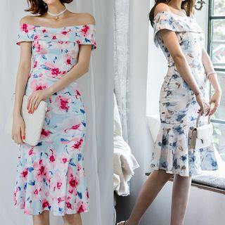 Off-shoulder Midi Floral Sheath Dress