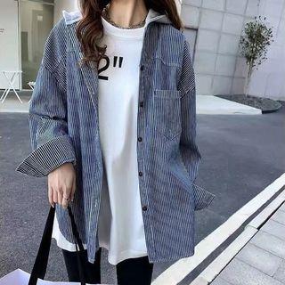 Long-sleeve Striped Panel Hooded Shirt Jacket