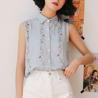 Printed Sleeveless Blouse Blue - One Size