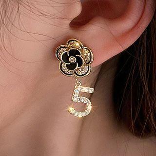 Flower Numerical Rhinestone Alloy Dangle Earring 1 Pair - Gold & Black - One Size