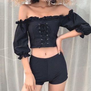 Set: Puff-sleeve Swim Top + Bottom + Swim Skirt