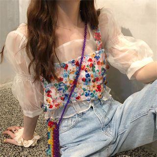 Short-sleeve Mesh Blouse / Sequined Camisole Top