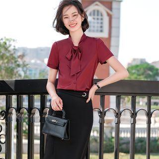 Short-sleeve Tie-neck Blouse / Pencil Skirt / Set