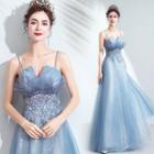 Flower Embroidered Spaghetti Strap Sheath Evening Gown