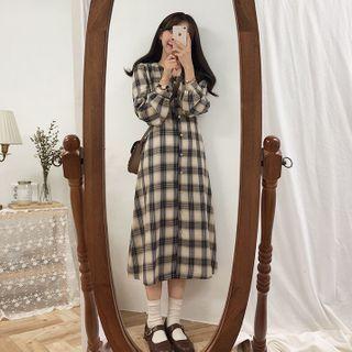 Long-sleeve Plaid Button-up Midi A-line Dress