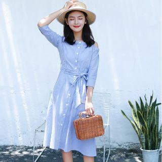 3/4-sleeve Cutout Striped A-line Dress