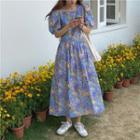 Bell-sleeve Floral Maxi Dress Blue & Purple & Yellow - One Size
