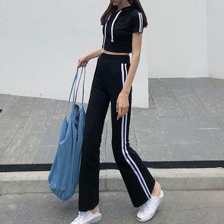 Set: Striped Short-sleeve Crop Top + High-waist Wide-leg Sweatpants