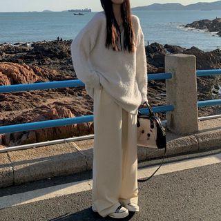 V-neck Plain Long-sleeve Sweater / High-waist Wide-leg Pants