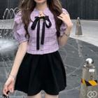 Puff-sleeve Tie-neck Plaid Crop Top / Mini A-line Skirt