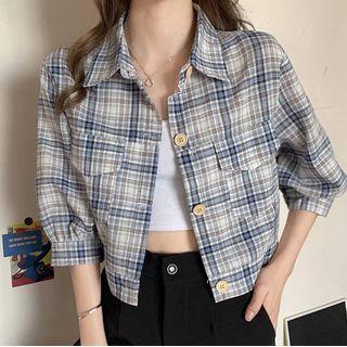 Elbow-sleeve Cropped Plaid Shirt