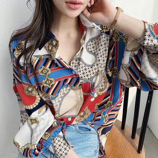 Scarf Print Over-fit Blouse Navy Blue - One Size