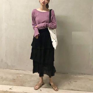 Plain Long-sleeve T-shirt / Layered Midi Skirt