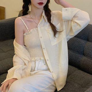 Long-sleeve Shirt / Frill Trim Shirred Camisole Top