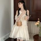 Short-sleeve Cold-shoulder Ruffle Mini A-line Dress Champagne - One Size