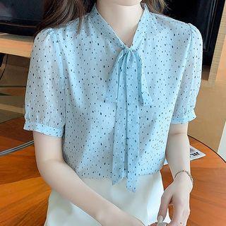 Short-sleeve Ribbon Tie-neck Dotted Chiffon Blouse