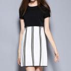 Short Sleeve Striped Mock Two-piece Dress