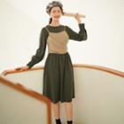 Set: Long-sleeve Midi Dress + Spaghetti Strap Top Top - Khaki - One Size / Dress - Green - One Size