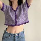Contrast Trim Short-sleeve Cropped Knit Cardigan Purple - One Size