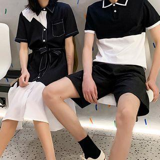 Couple Matching Short-sleeve Two-tone Collared T-shirt / Shirtdress / Shorts