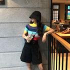 Short-sleeve Striped Mock-neck Knit Top Multicolor - One Size