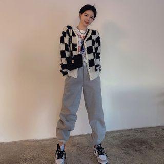 V-neck Drop-shoulder Gingham Cardigan Black - One Size